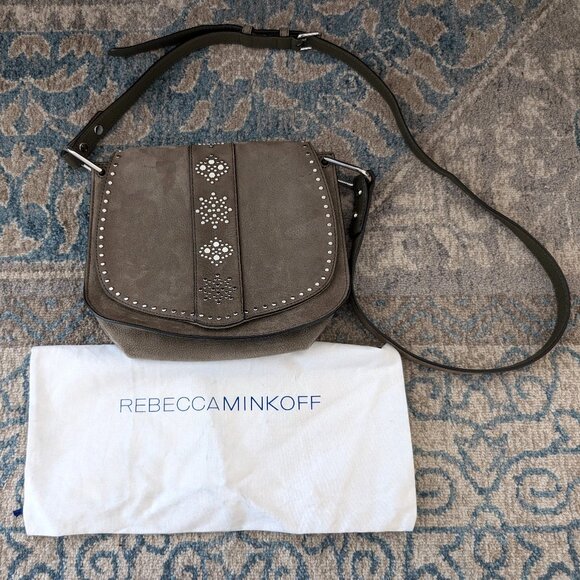 REBECCA MINKOFF Crossbody Green Saddle Silver Studded Fold Nubuck‎ Strap Purse - Picture 1 of 11